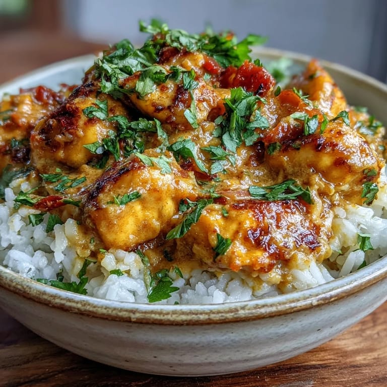 Würziges, cremiges Easy Chicken Curry in einer Schüssel mit saftigen Hähnchenstücken, serviert zu fluffigem Naan-Brot.