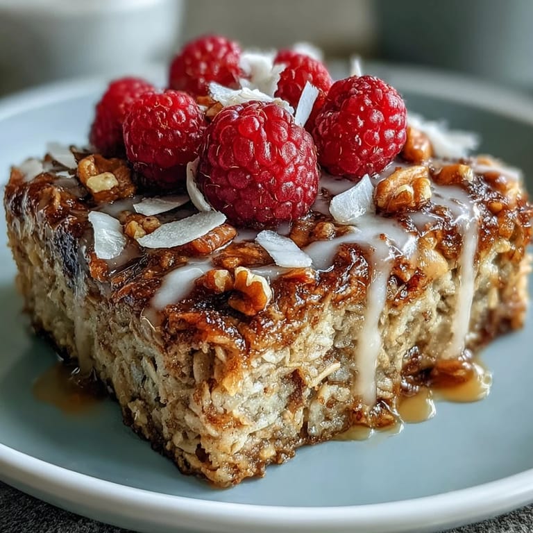 Goldenes, vegetarisches Haferflocken-Gericht mit leuchtend roten Himbeeren und knusprigem Kokos für ein perfektes Frühstück.