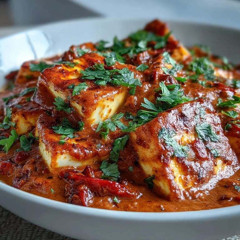 Sizzling halloumi cheese simmered in a rich coconut tomato sauce, finished with lemon wedges.