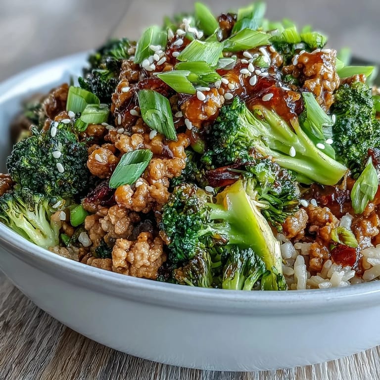 Geschmackvolle Schüssel fertig zum Servieren: Truthan mit Brokkoli, belegt mit grüner Zwiebel und Sesam.
