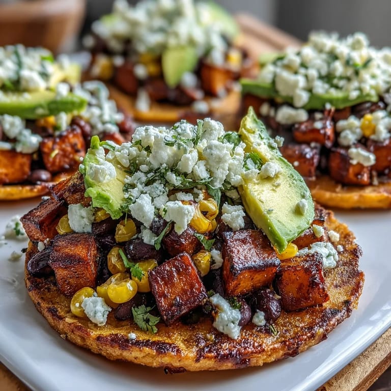 Black Bean and Sweet Potato Tostadas mit würziger Bohnen-Füllung, Mais und gerösteten Süßkartoffel-Würfeln, belegt mit Avocado und Feta.