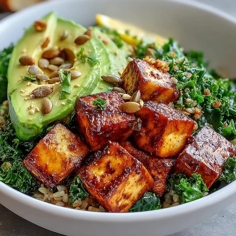 Eine farbenfrohe Tofu-Frühstücks-Bowl mit cremigem Avocado und knackigem Grünkohl.