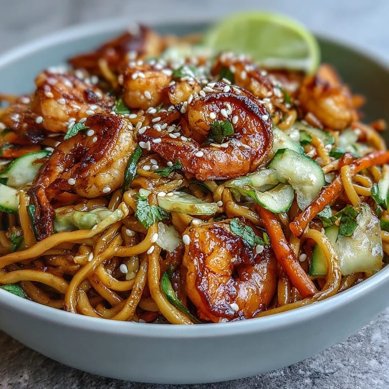 Hausgemachte 15-Minuten-Asia-Nudelpfanne mit gegrilltem Garnelen-Topping und frischen Zutaten serviert.
