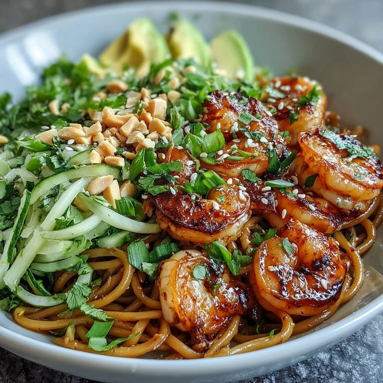 Frischer Grilled Shrimp Asian Noodle Bowl mit knusprigen erdnüssen und cremiger avocado zum abendessen.  