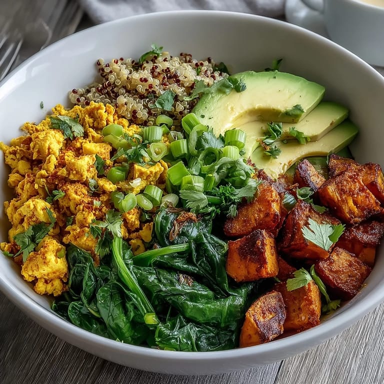 Gesunde Frühstücks-Bowl: Rührei aus Tofu an Röstgemüse und Quinoa.