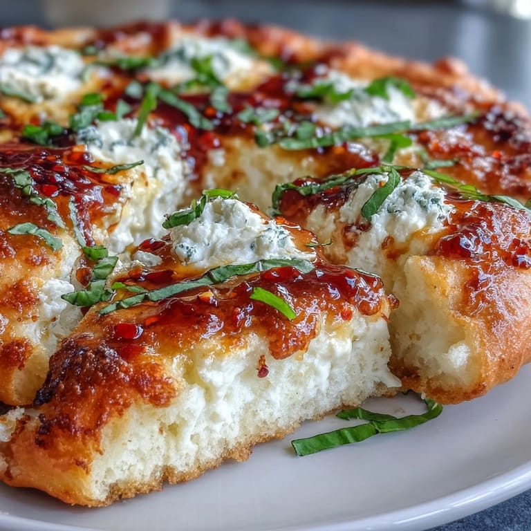 Hot Honey Ricotta Pizza heiß mit süß-scharfem Honig beträufelt und geröstetem Rand auf Holzplatte
