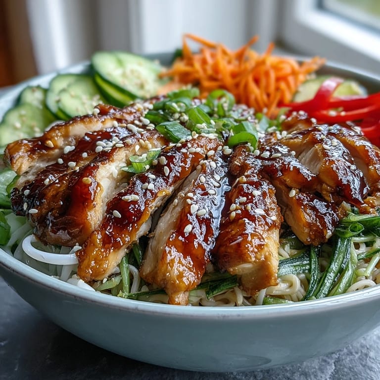 Frische Asian Chicken Noodle Bowl mit glasigen Reisnudeln, Korianderblättern, Sesam und zitronigen Limettenkeilen für eine knackige Optik.