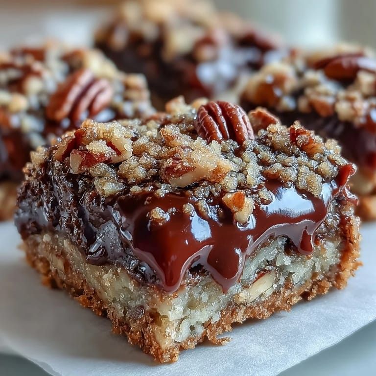 Gebackene Decadent Sweet and Chewy Turtle Bars mit knusprigen Pecans und Schokolade.