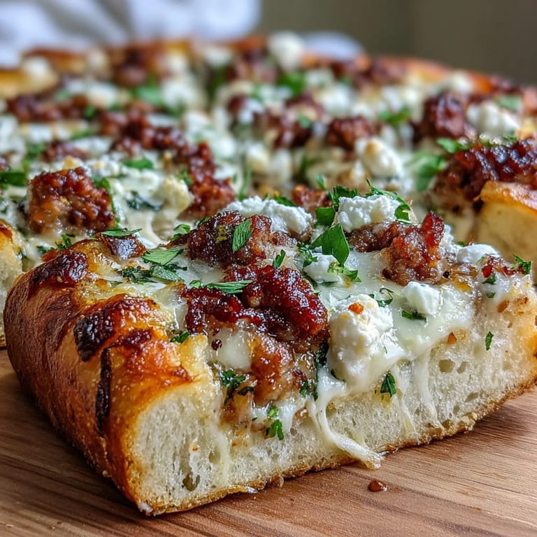 Slices of Hot Sausage Feta Honey Pizza with melted mozzarella and fresh parsley garnish on a wooden board.