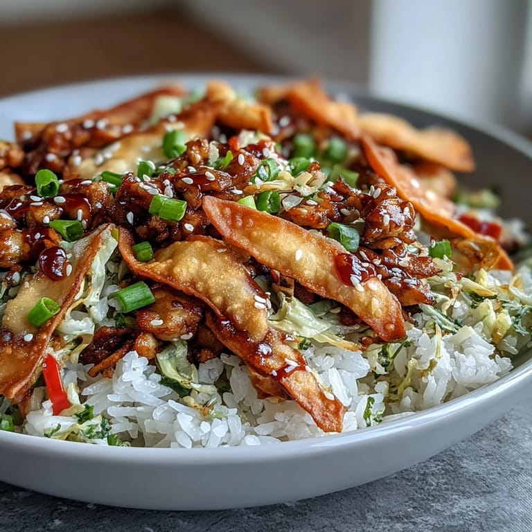 Crispy Baked Egg Roll Chicken Bowls angerichtet mit grünen Zwiebeln und Sesam.