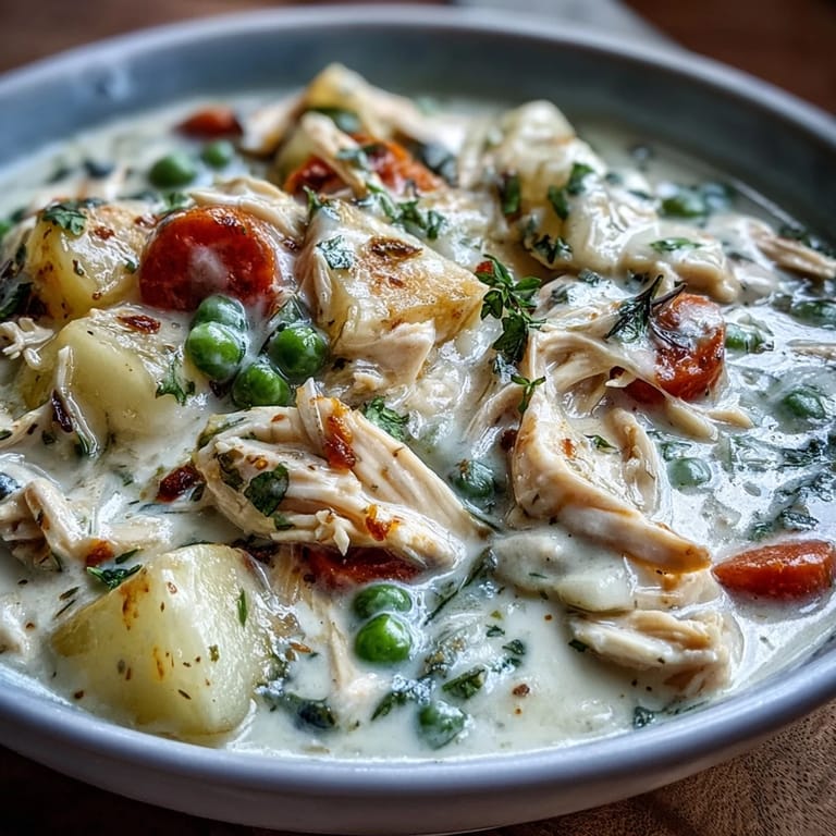 Steaming Creamy Chicken Pot Pie Soup with shredded rotisserie chicken, carrots, and green peas