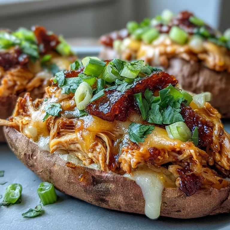 Fork cutting into a cheesy Honey BBQ Chicken Stuffed Sweet Potato revealing tender shredded chicken filling.