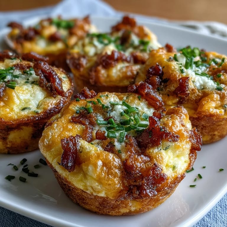 Goldbraune Ranch & Cheddar Egg Muffin Cups mit saftigem Innerem und knusprigem Bacon auf weisem Teller.