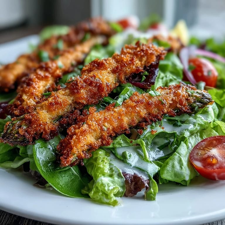 Leckere Crispy Parmesan Asparagus Chicken Salad mit knusprigem Hähnchen und Spargel, serviert mit Tomaten und einem Zitronen-Dressing.