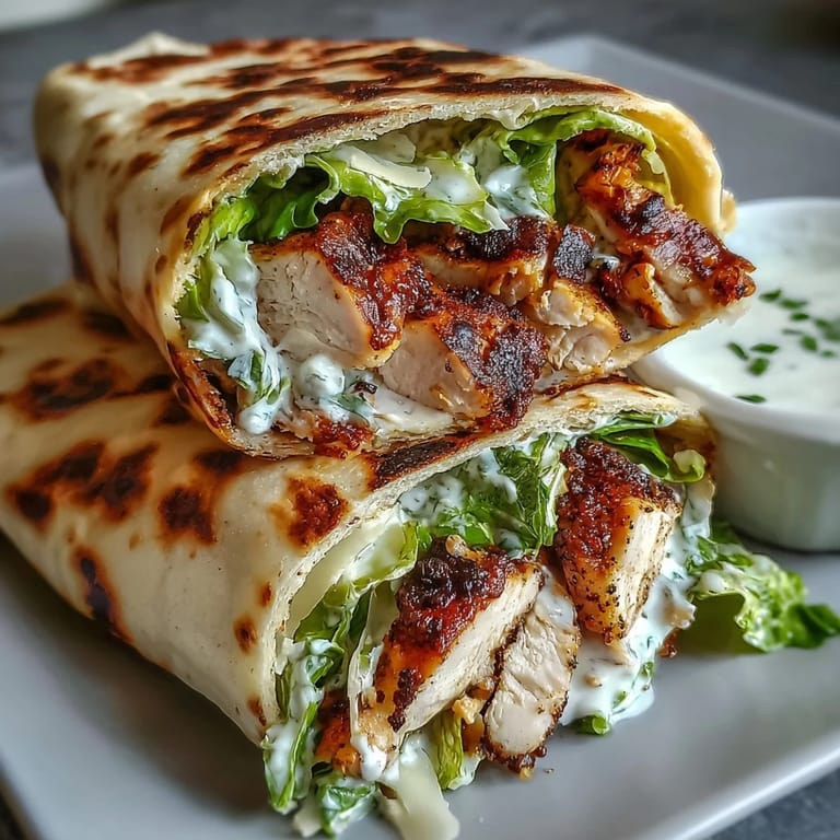 Melted butter on toasted Garlic Naan Grilled Chicken Caesar Wraps, stuffed with smoky chicken, romaine, Parmesan, and tangy dressing, served with lemon wedges on a rustic board.