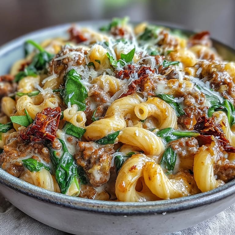 Köstliche Creamy Tuscan Chili Mac mit Sonnenblumentomaten auf einem rustikalen Teller, frisch gewürzt
