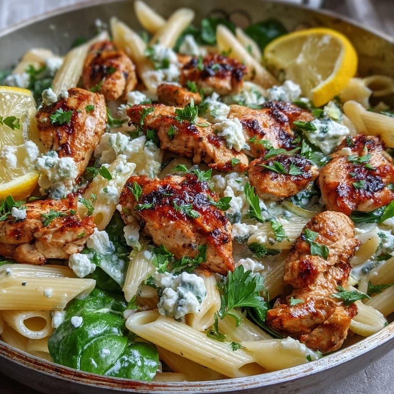 Saftiges Greek Chicken Feta Pasta Skillet mit Spinat und Joghurtsoße für Familien.