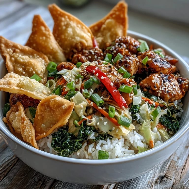 Goldene Crispy Baked Egg Roll Chicken Bowls mit saftigem Hähnchen, Kohl-Mix und Sesam auf weischem Reis, perfekt für Family-Style-Dinner.