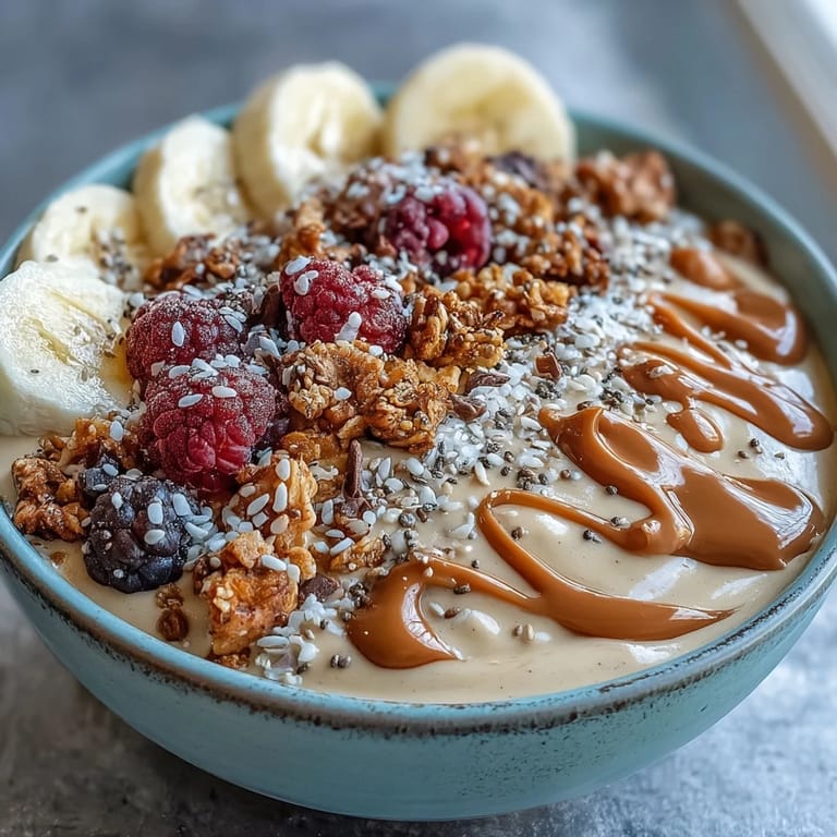 Ein cremiger Vegane Erdnuss Butter Banane Protein Smoothie Bowl mit Erdnussbutter-Dip, Chiasamen und knackigem Granola zum Frühstück.