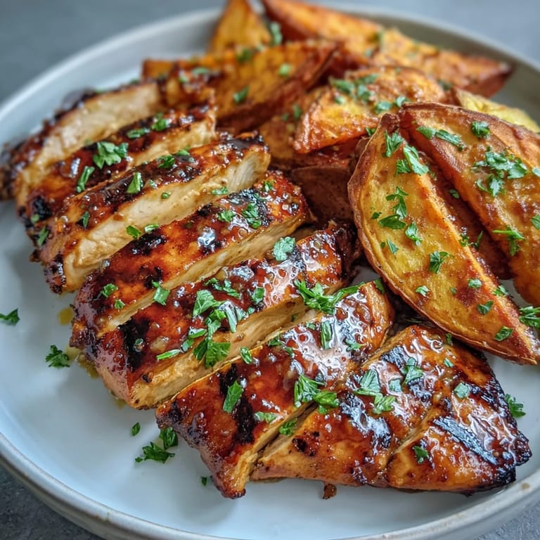 Saftige Honey Mustard Grilled Chicken auf gemusterter Platte, begleitet von knusprigen Roasted Sweet Potato Wedges und frischer Petersilie.