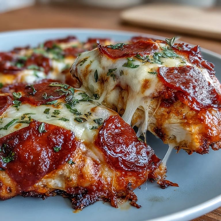 Sizzling Keto Pepperoni Pizza Chicken Bake in a skillet, featuring melted cheese and savory marinara.