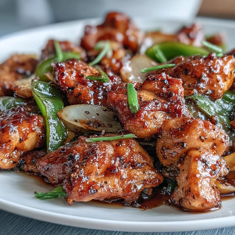 Zartes Schwarzer-Pfeffer-Hähnchen mit knusprigen Paprikaschoten und einer scharfen, aromatischen Sauce.