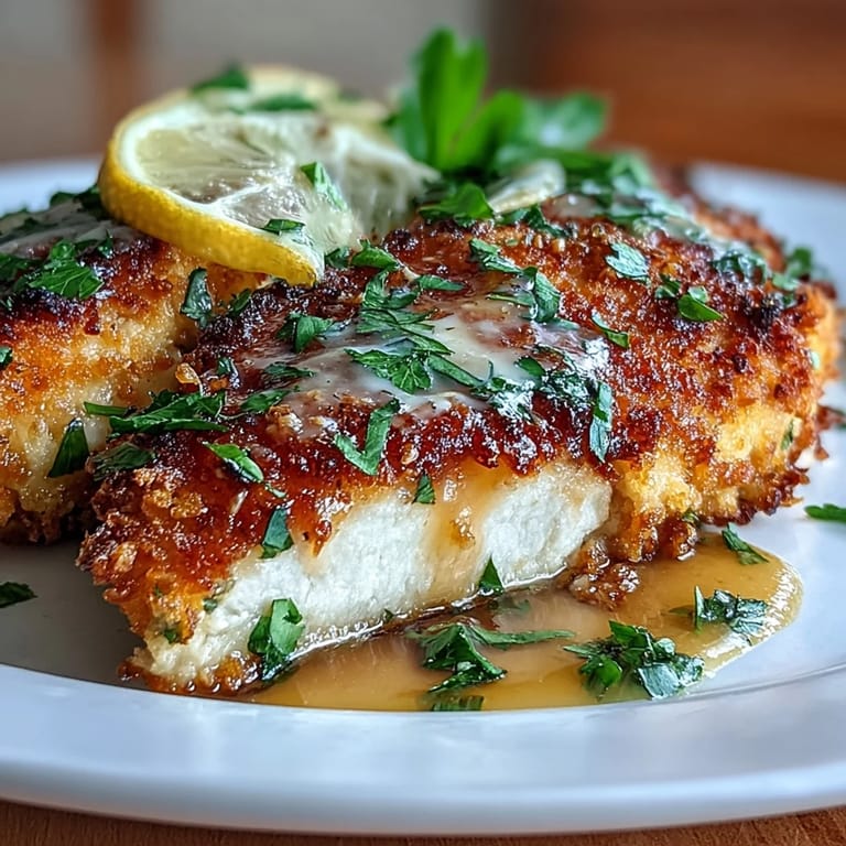 Zartes Hühnchenfilet mit aromatischer Parmesan-Panade, garniert mit Zitronenscheiben und Petersilie.  