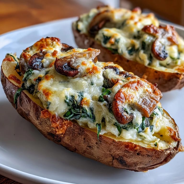 1. Creamy Mushroom and Spinach Stuffed Sweet Potatoes with melted cheese and fresh herbs, baked until golden and bubbling.