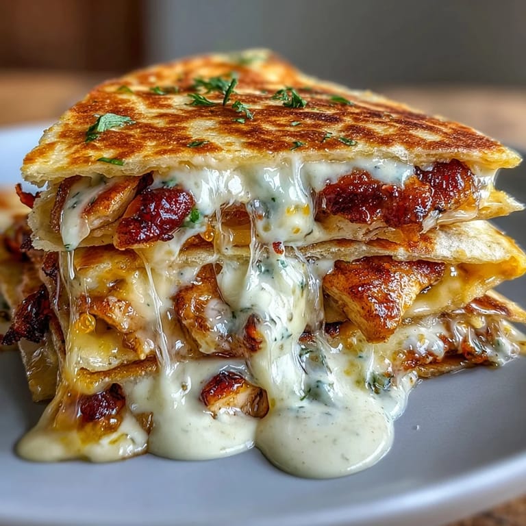 Cheesy Hot Honey Chicken Quesadillas mit Jalapeño-Cremesauce, goldbraun gegrillt und mit frischem Koriander garniert.