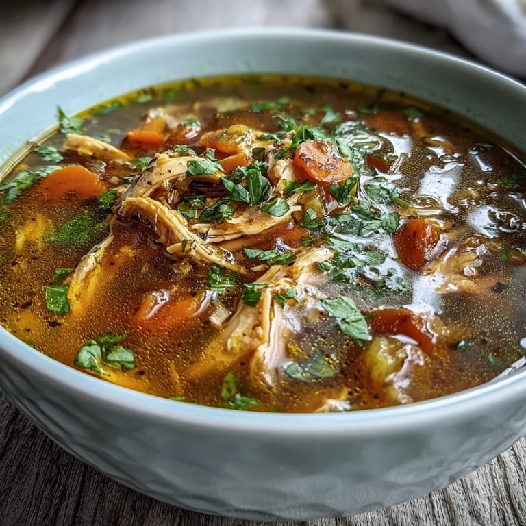 Reichhaltige, goldene Hühnersuppe mit Kurkuma, Ingwer und Kreuzkümmel, ideal zur Stärkung des Immunsystems und zur Reduzierung von Entzündungen.  