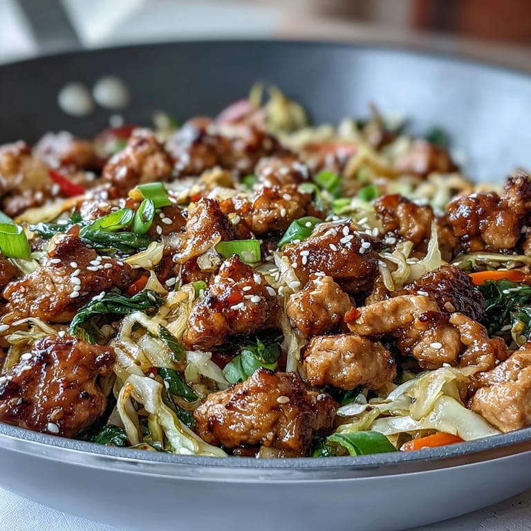 Frische, knackige Kohl- und Truthahn-Stir-Fry mit roten Paprika und Karotten, serviert mit Sesamkörnern und grünen Zwiebeln.
