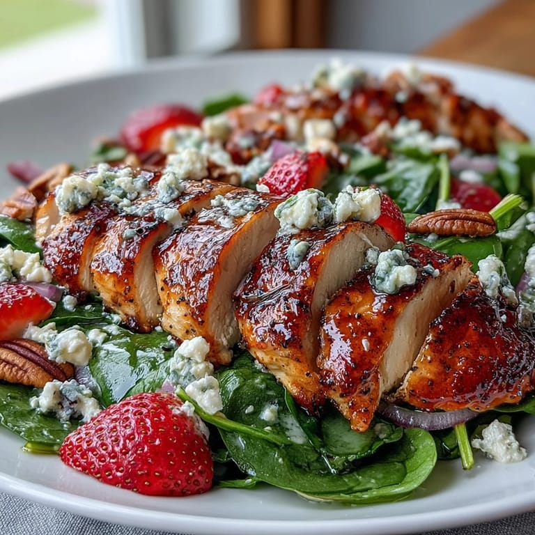 3. Erfrischender Sommersalat mit zartem Hähnchen, frischem Spinat, Erdbeeren und cremigem Mohnsamen-Dressing.