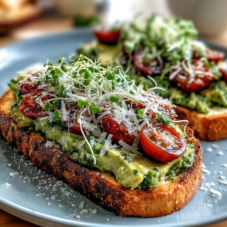 2. Cremiger Avocado-Pesto-Toast mit halbierten Cherry-Tomaten und frischen Microgreens auf knusprigem Sauerteig.