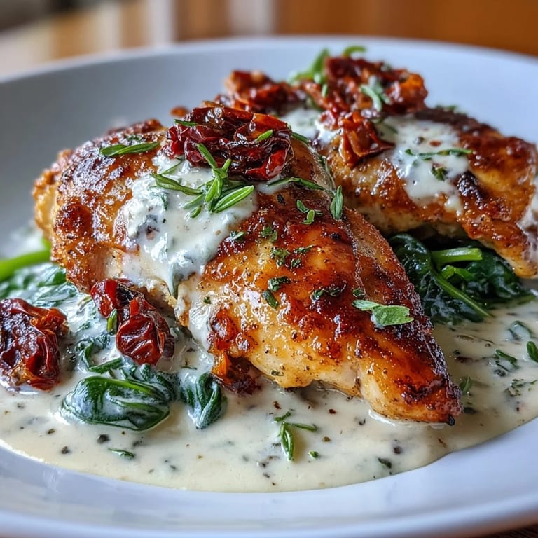 Keto Cremiges Toskanisches Hühnchen mit Spinat und getrockneten Tomaten, goldbraun gebraten und in einer reichhaltigen Knoblauch-Cremesauce mit frischem Spinat und sonnengetrockneten Tomaten serviert.