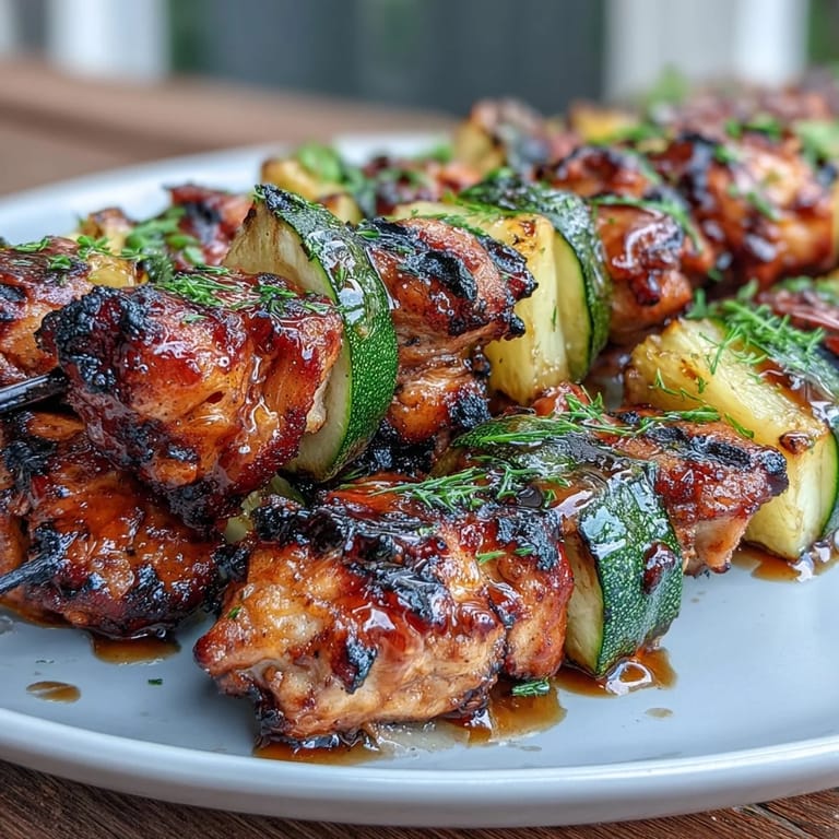 3. Farbenfrohe Hähnchen-Zucchini-Ananas-Spieße, mariniert in Honig und Limette, gegrillt für einen aromatischen, süß-herben Geschmack.