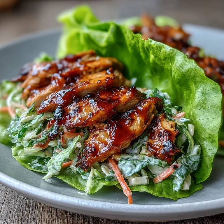Zarte Hähnchenstreifen in rauchiger BBQ-Sauce, gewickelt in frische Salatblätter und garniert mit einer cremigen, bunten Krautsalat-Mischung.