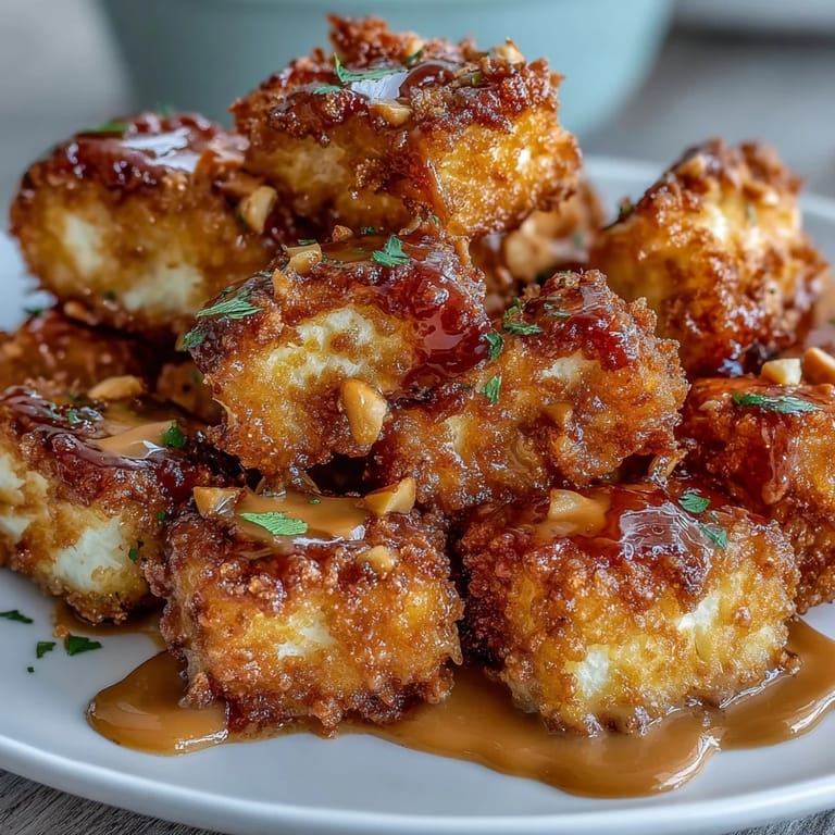 Perfekt zubereiteter Tofu aus der Heißluftfritteuse, serviert mit würziger Erdnusssoße.