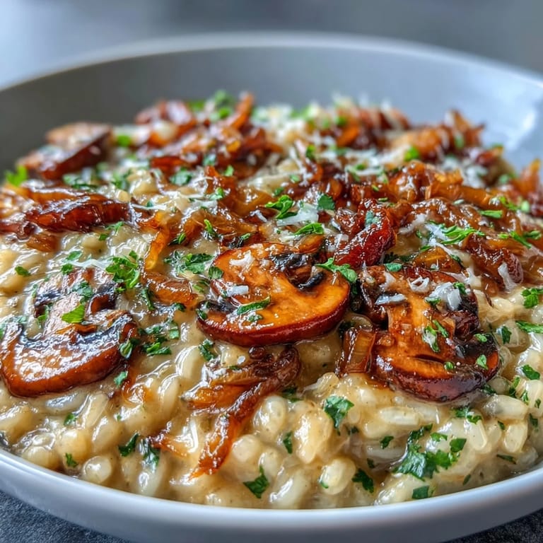 3. Ein Teller Risotto mit zarten Pilzen und goldgelben karamellisierten Zwiebeln, perfekt für ein gemütliches Abendessen.