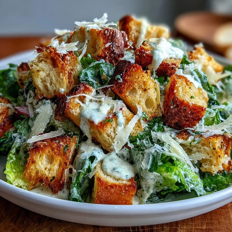 Sauerteig-Croûton-Caesar-Salat mit knackigem Römersalat und Parmesan.