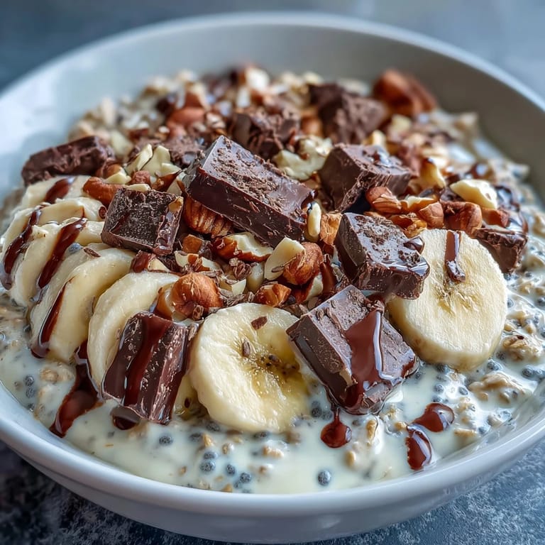 Glas mit cremigen Overnight Oats, dekoriert mit Bananenscheiben und reichhaltiger dunkler Schokolade.