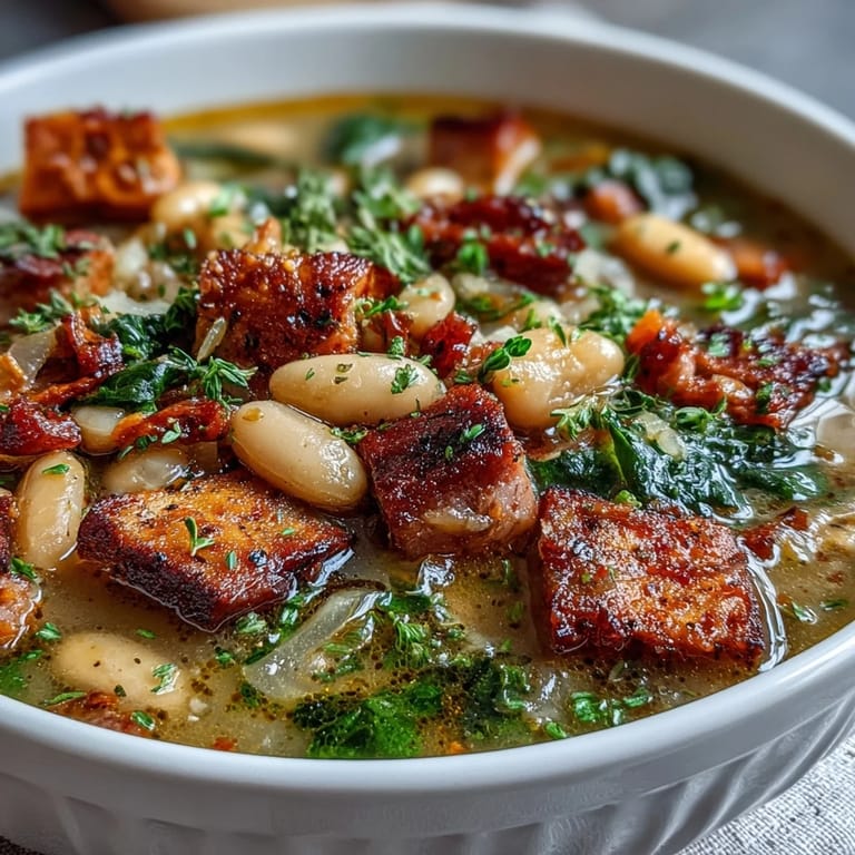 2. Dampfender italienischer Eintopf mit zartem Schinken, cremigen Bohnen und aromatischem Gemüse in würziger Brühe, perfekt für kalte Tage.  