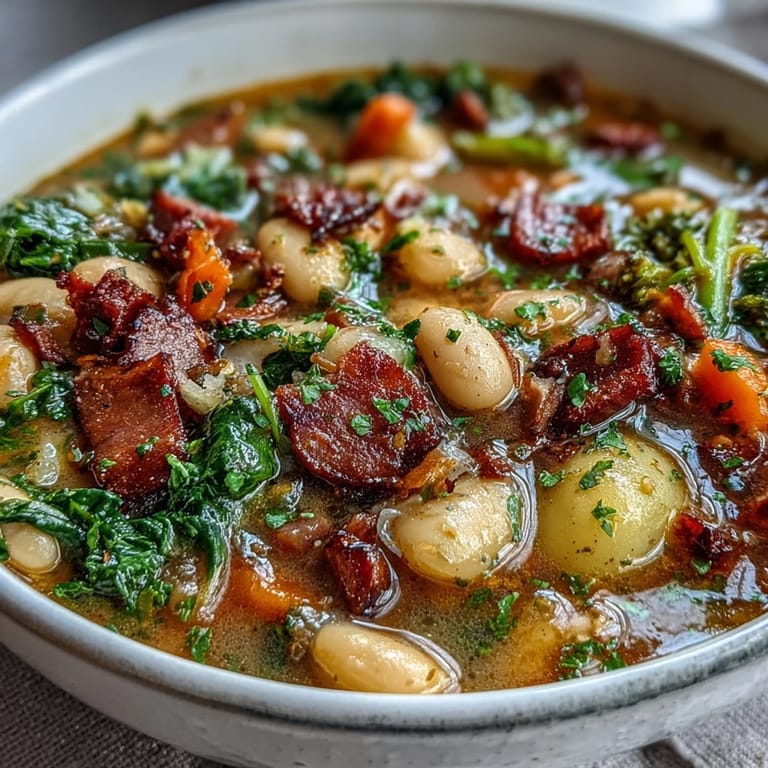 3. Rustikaler Schmorgericht mit gewürfeltem Schinken, saftigen Tomaten und zarten Bohnen, verfeinert mit Kräutern und serviert in einer tiefen Schüssel.