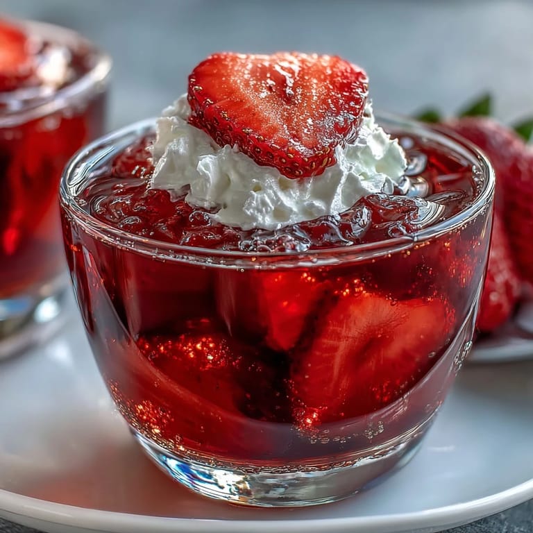 2. Festive Valentine Strawberry Champagne Jello Shots with a bubbly texture, garnished with whipped cream and golden sprinkles for a romantic touch.