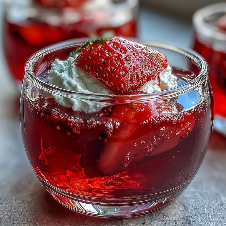 3. Chilled Valentine Strawberry Champagne Jello Shots served in clear cups, showcasing vibrant red hues and a playful, celebratory presentation.
