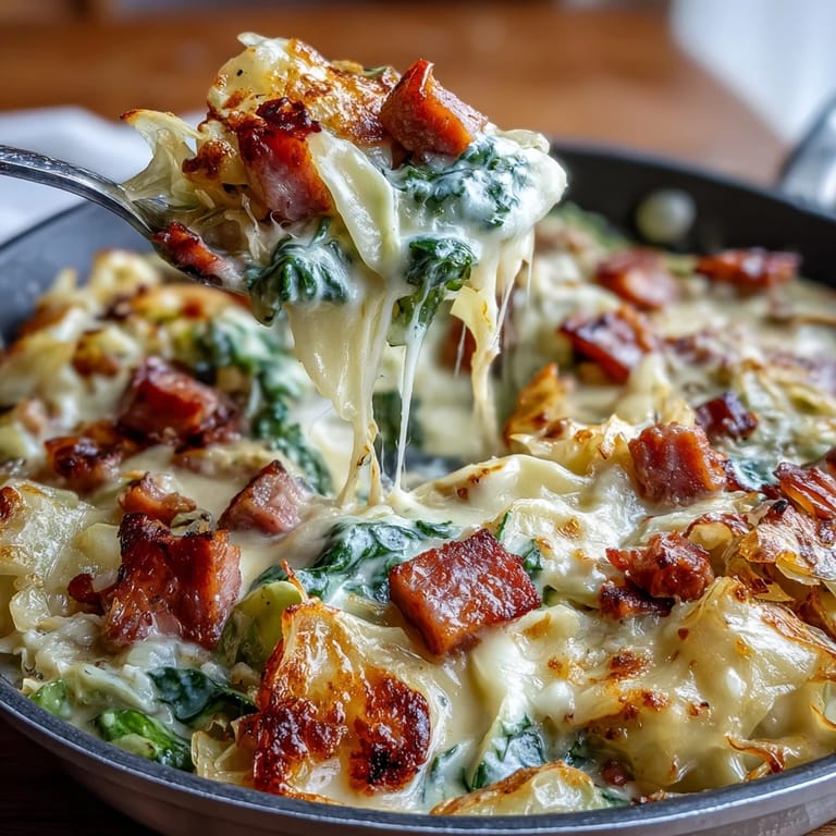 Wohltuendes Ein-Topf-Gericht mit grünem Kohl, Schinken und cremiger Sauce, perfekt für ein schnelles Low-Carb-Abendessen.  