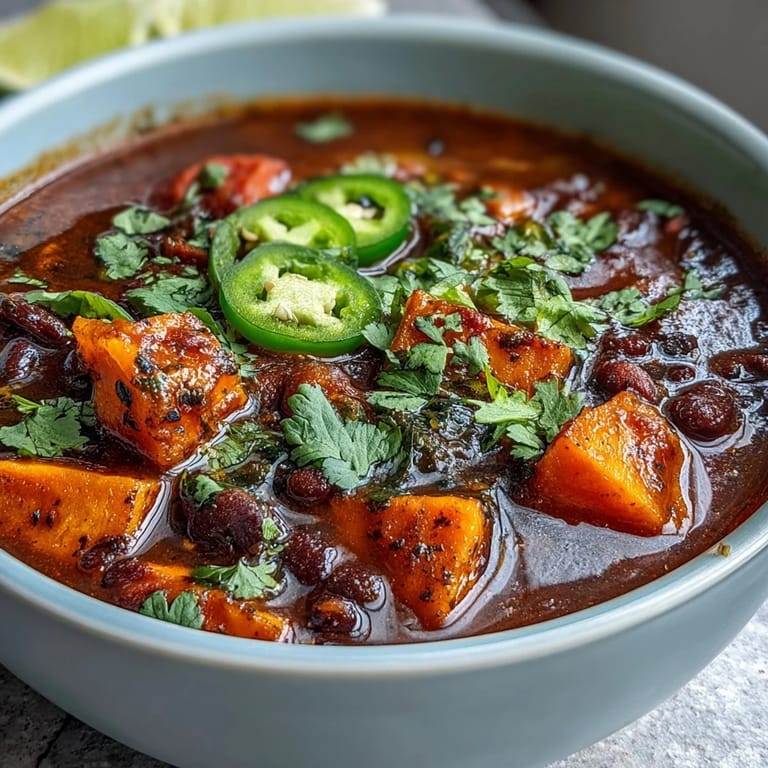 3. Dampfende, cremige Smoky Black Bean and Sweet Potato Soup mit Limetten-Kräuter-Creme, dekoriert mit Jalapeño-Scheiben und frischem Koriander.