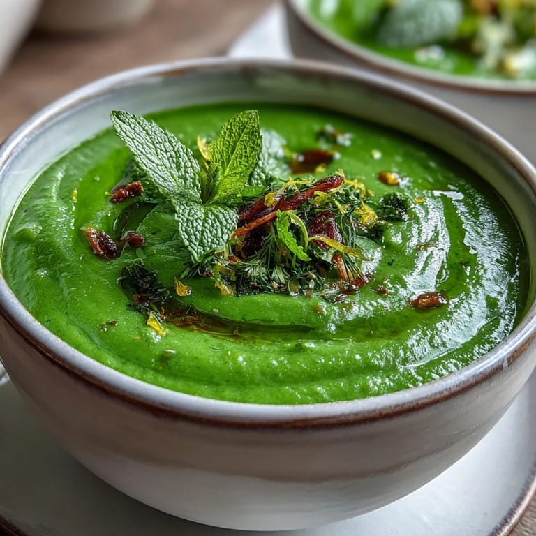 1. Grüner Detox-Gemüsesuppe mit Zucchini und Erbsen in einer Schüssel, garniert mit frischem Petersilie und einem Hauch Zitronenschale.