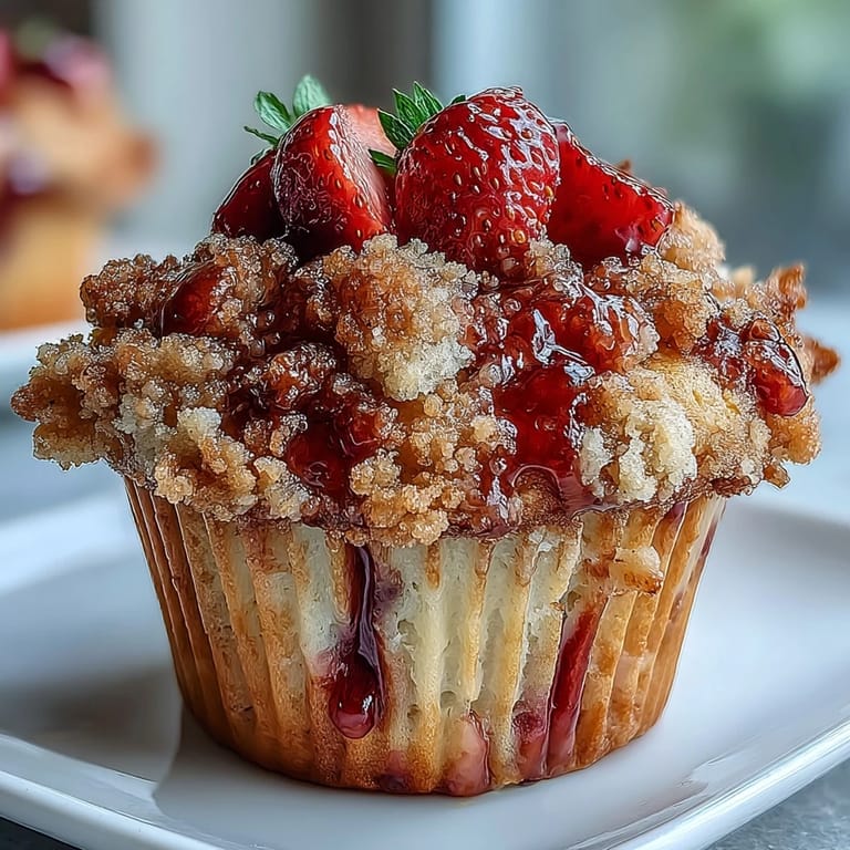 2. Fluffige Muffins gefüllt mit saftigen Erdbeeren, verfeinert mit buttrigen Streuseln und aromatischer Zitronenzeste.  