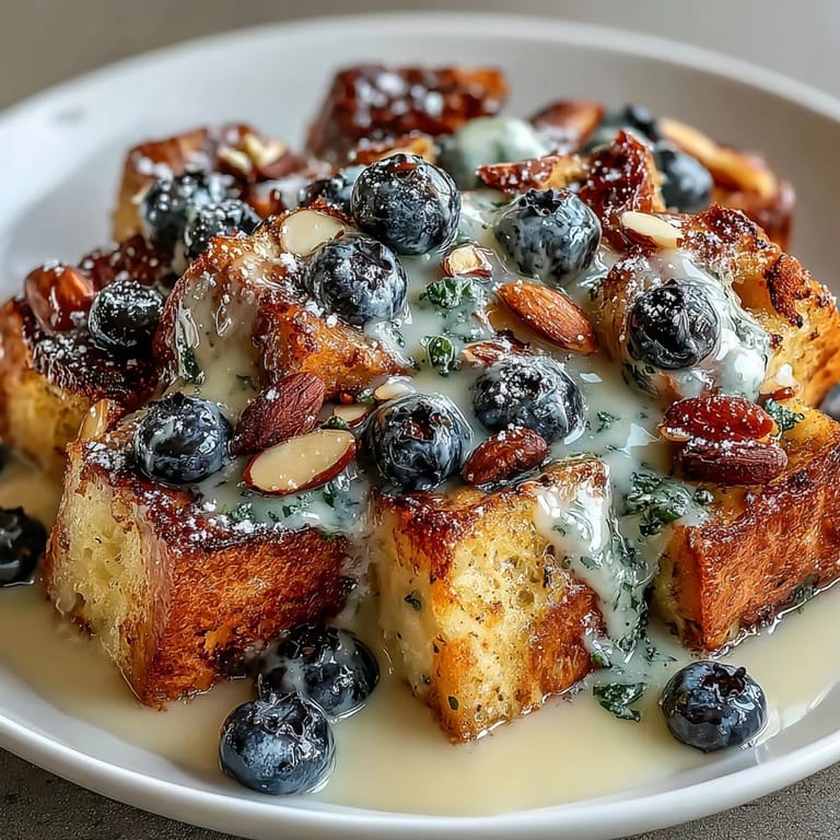 1. Blueberry Lemon Sourdough French Toast Casserole mit frischen Beeren, Zitronenzesten und knusprigen Mandeln – ein farbenfrohes, süß-säuerliches Brunch-Gericht für Gäste.