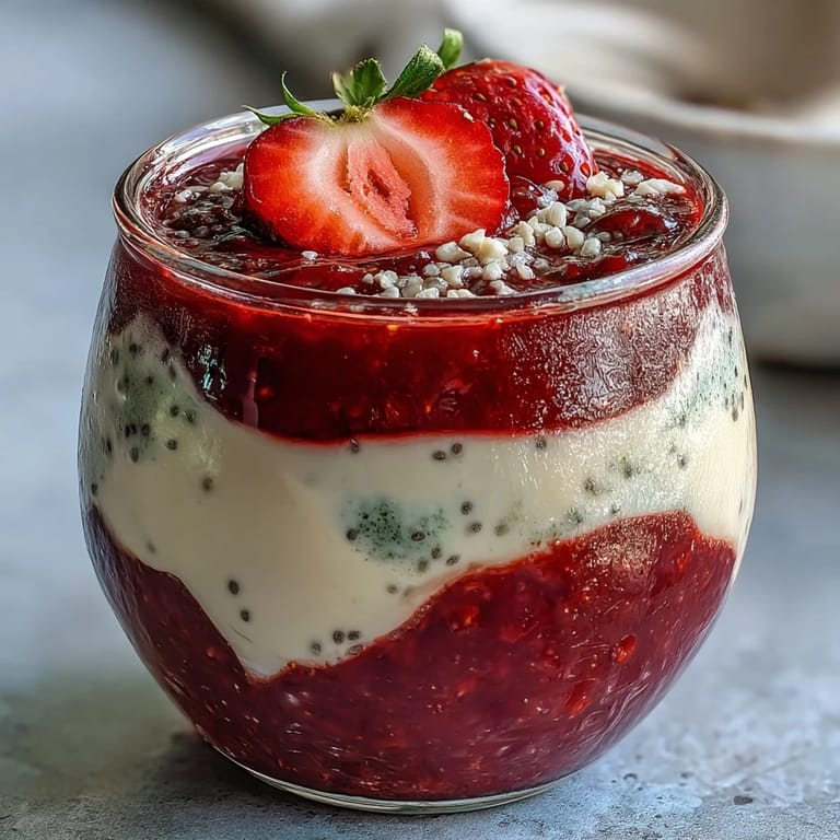 3. Verführerische Matcha-Erdbeer-Chia-Pudding-Schichten in Gläsern, garniert mit Kokosflocken und frischen Beeren.